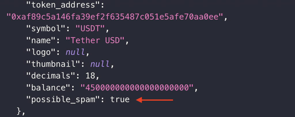The best Etherscan API alternative example showing the Possible Scam parameter