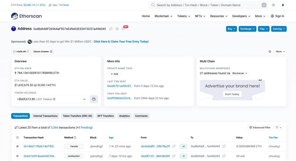 native balances, token balances, transactions, internal transactions, transfer histories, NFT transfers, and much more on Etherscan