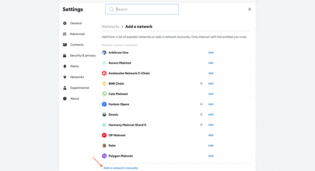 Adding network manually in metamask