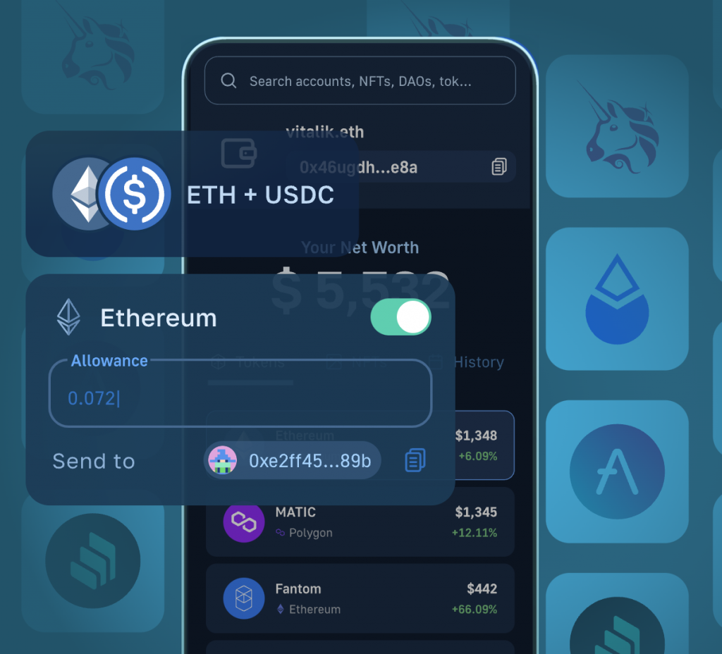 Showing components of DeFi Dapp Development and key elements in a mobile DeFi application - Graphical art image