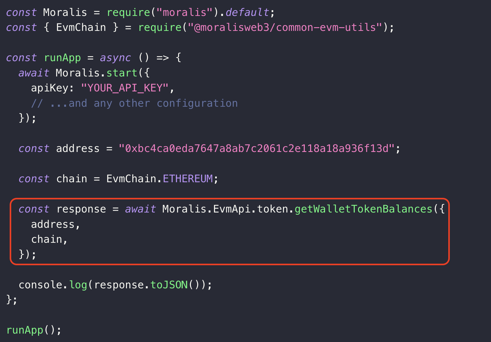 address and chain parameters tweaked along with calling the getWalletTokenBalances() endpoint to list coins in ETH address