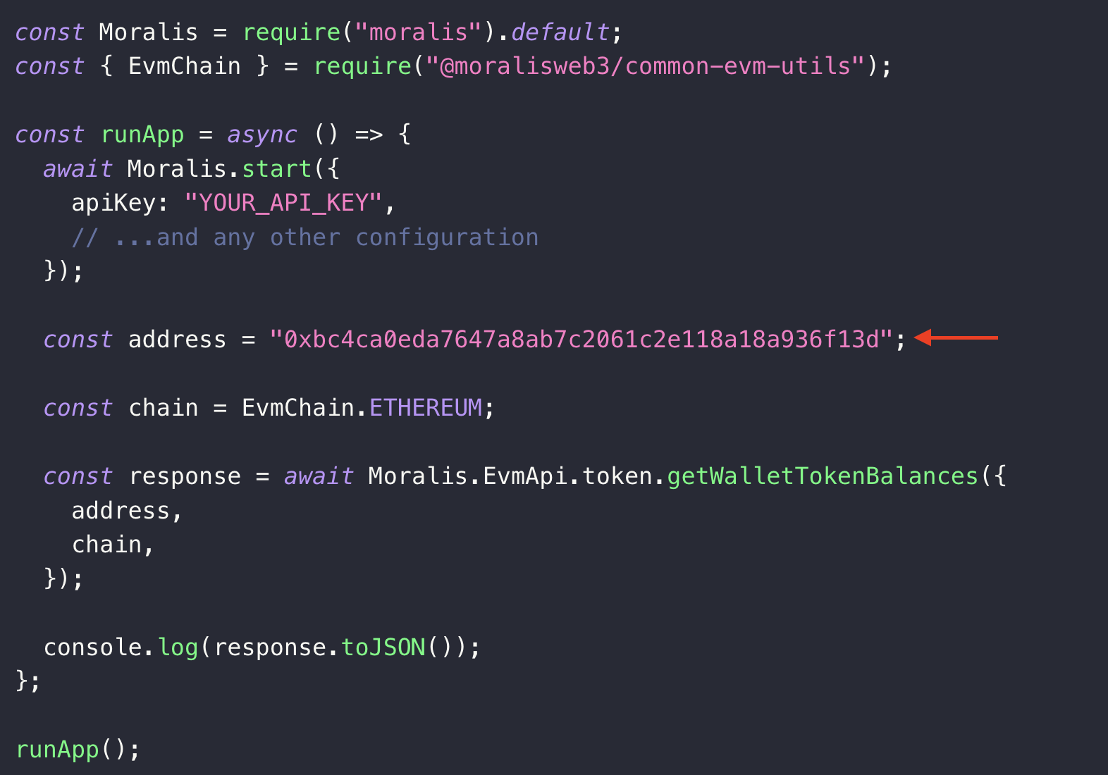 Showing how to change the address parameter to list crypto in an ETH address