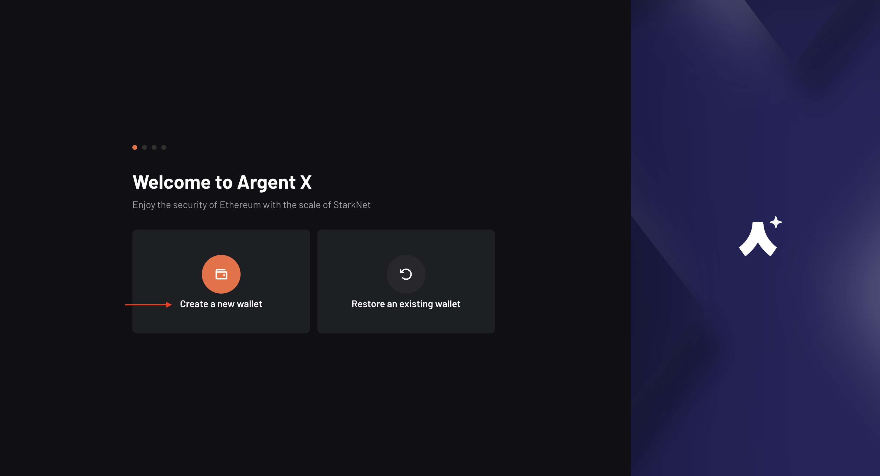 Argent X wallet landing page - clicking on the Create a New Wallet button