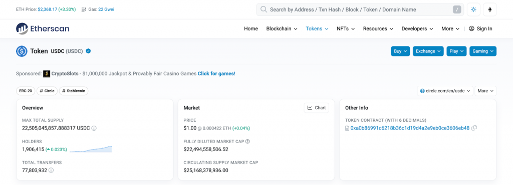 USDC ABI contract on Etherscan