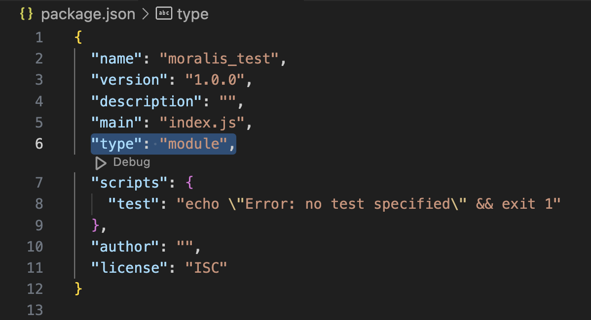 Showing how to open your ”package.json” file and add ”type": ”module” to the list