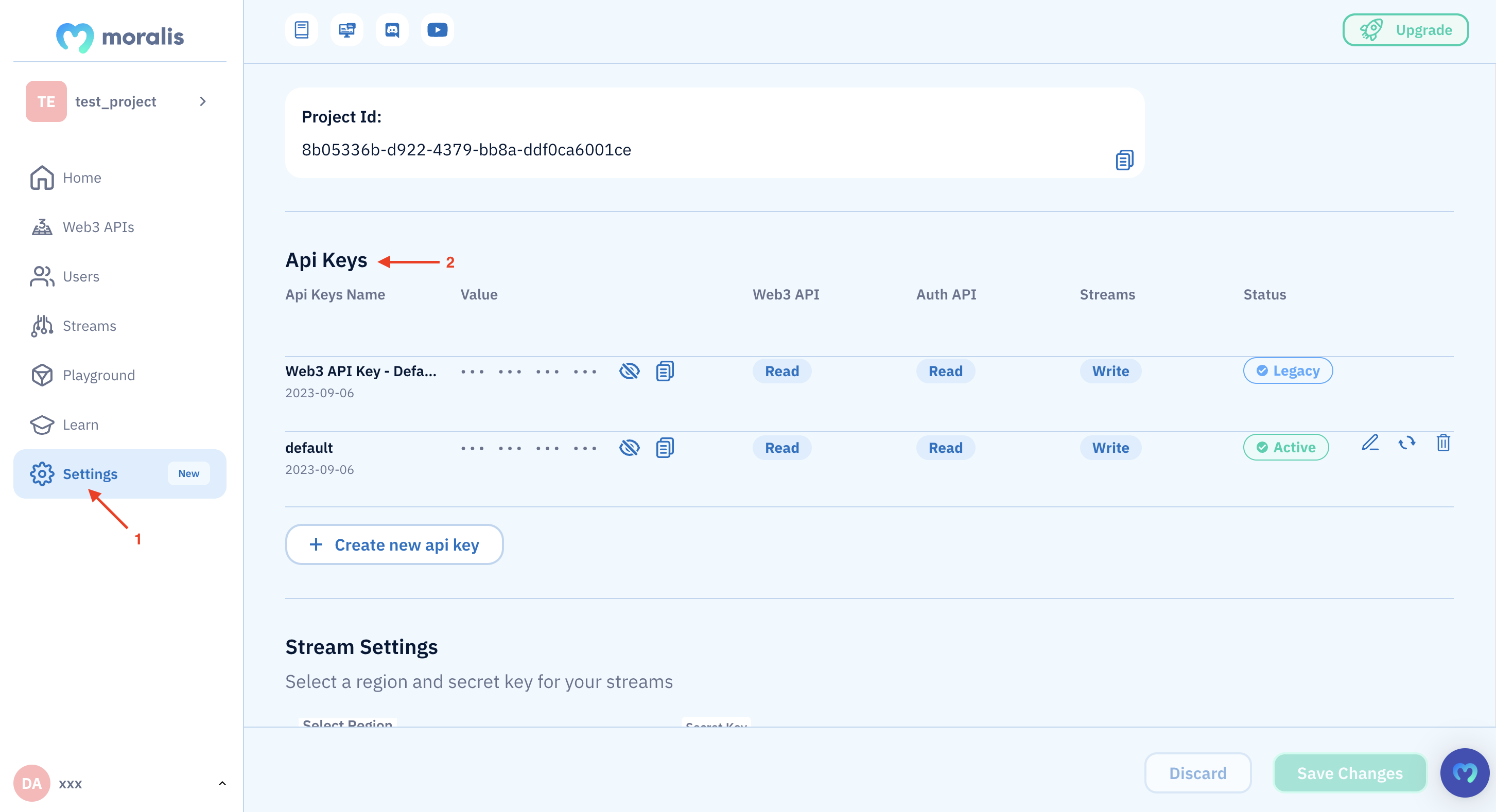 Copying API key on Moralis admin area UI