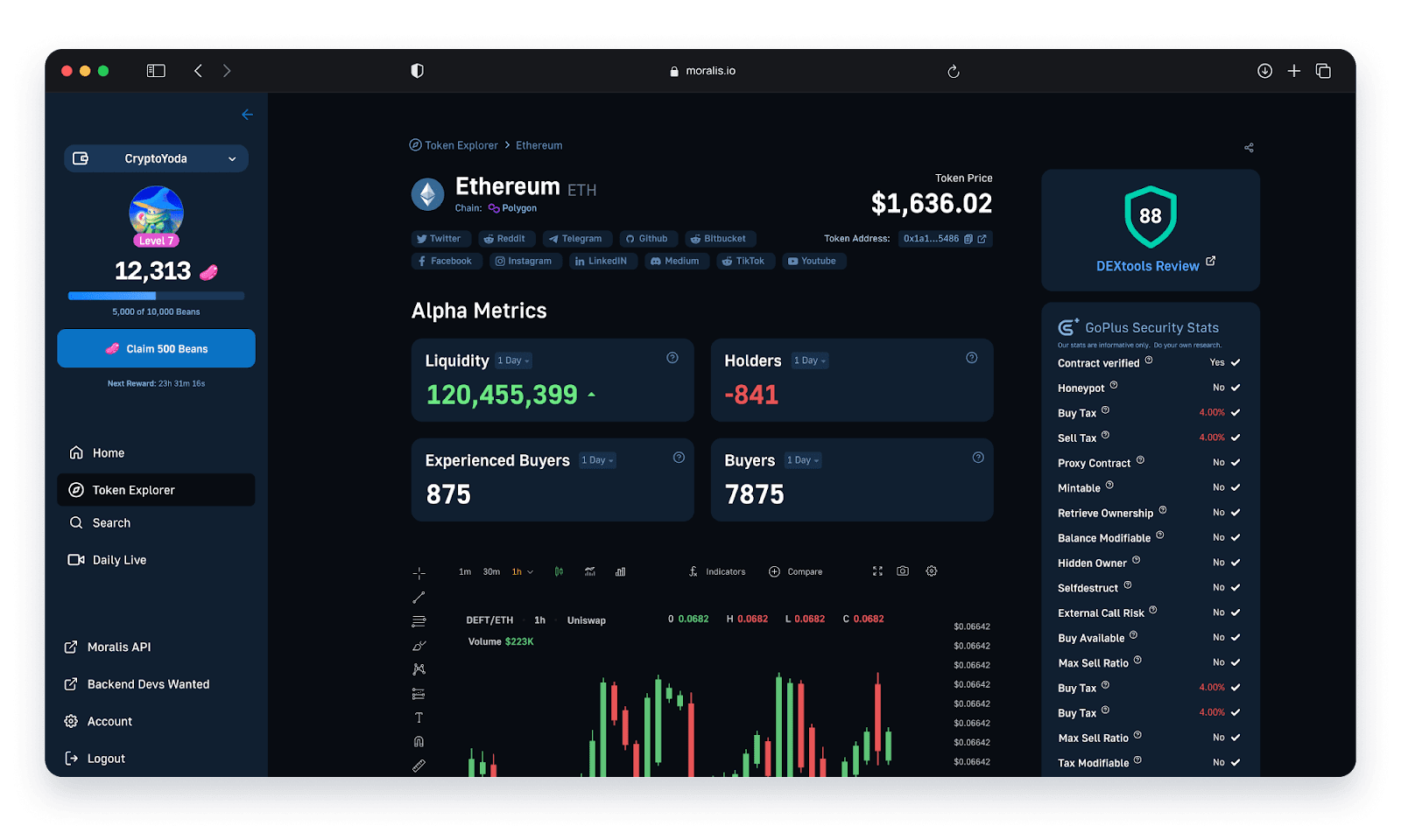 Altcoin API Data Feeds example: Showing Moralis Money Platform