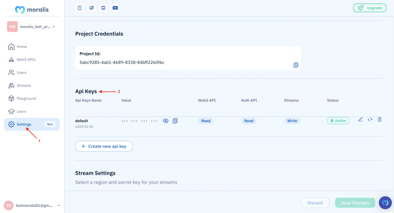 Showing how to copy Moralis API key