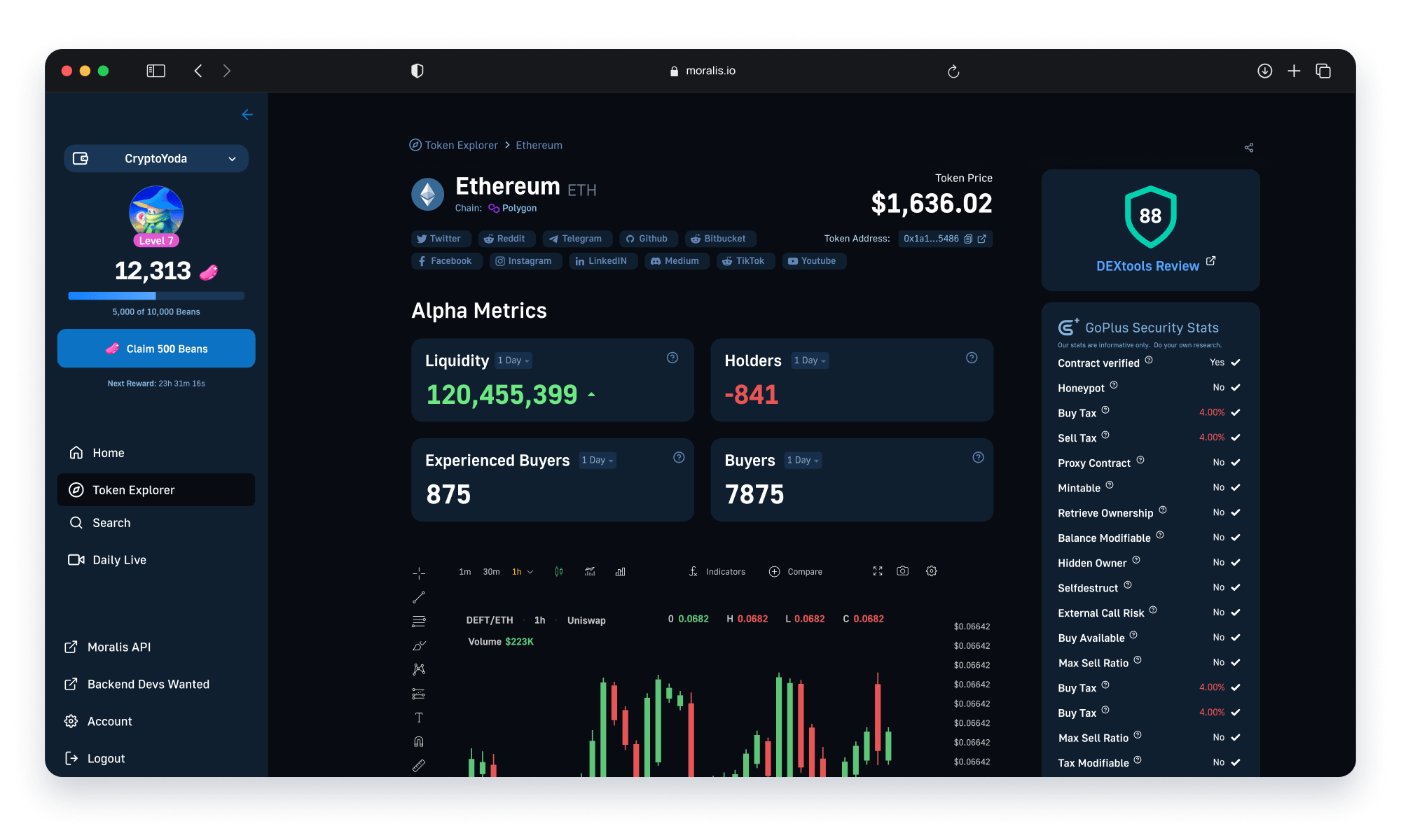 Moralis Money Platform - Blockchain Data Analytics example