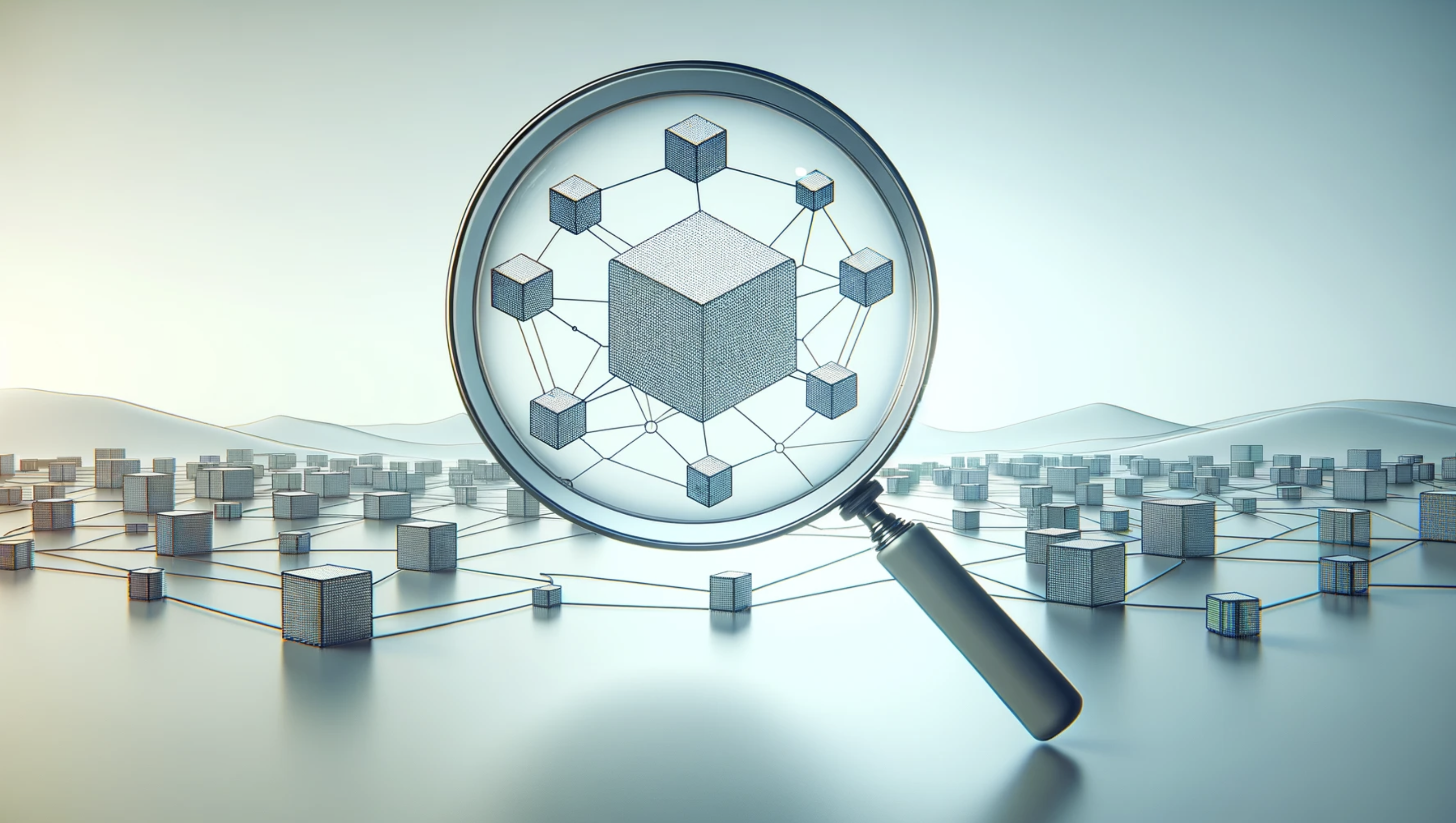 Illustrative art image - showing a magnifying glass examining blockchain data analytics