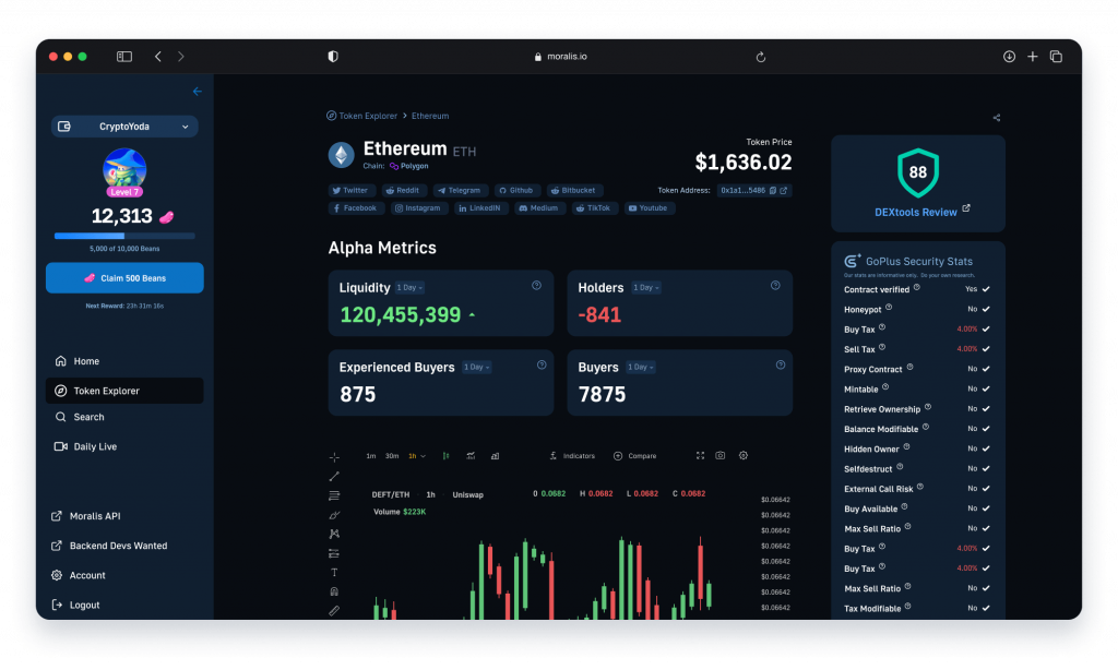 Moralis Money UI example. Showing the main page of Moralis Money