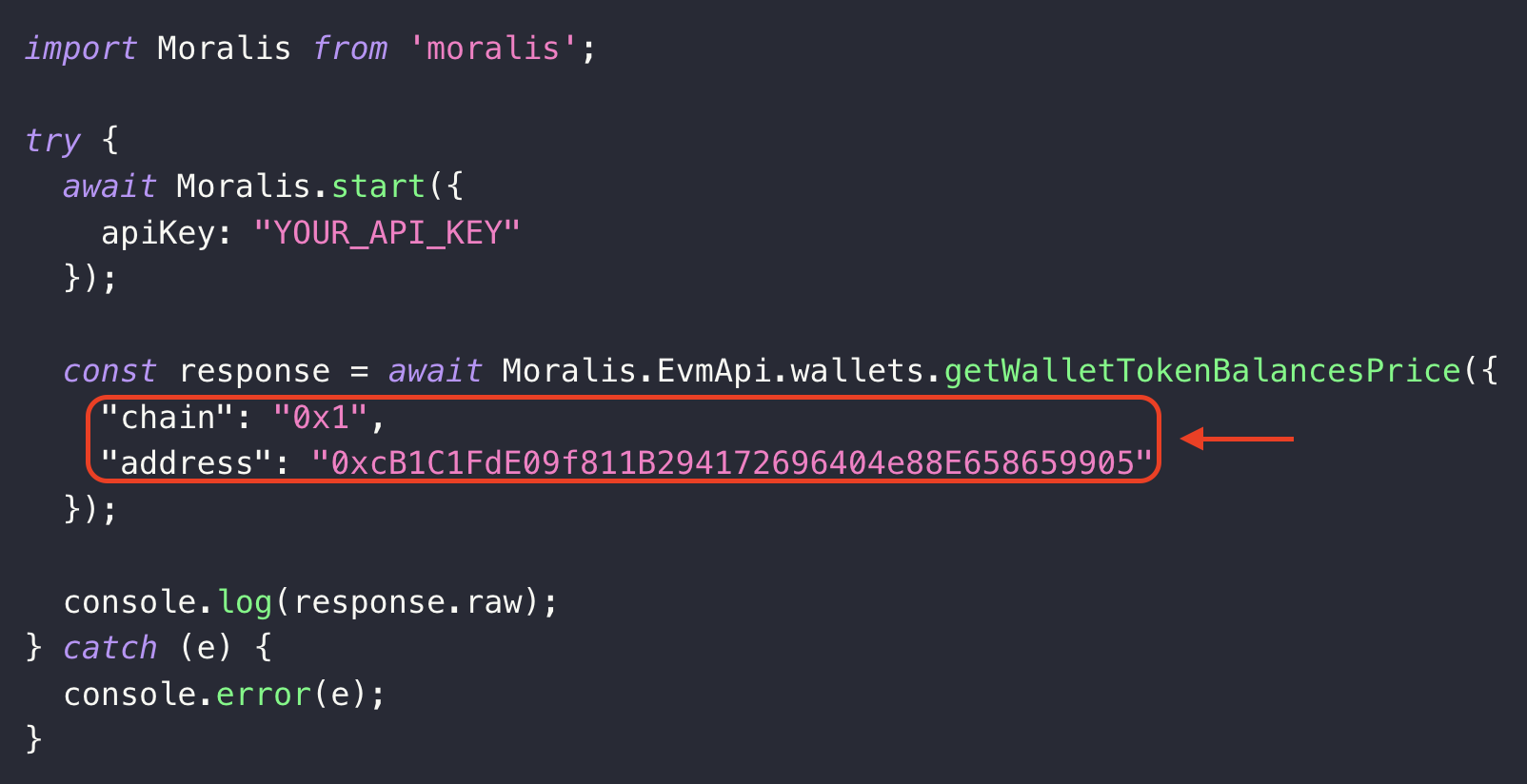 configuring the chain and address parameters to fit your query