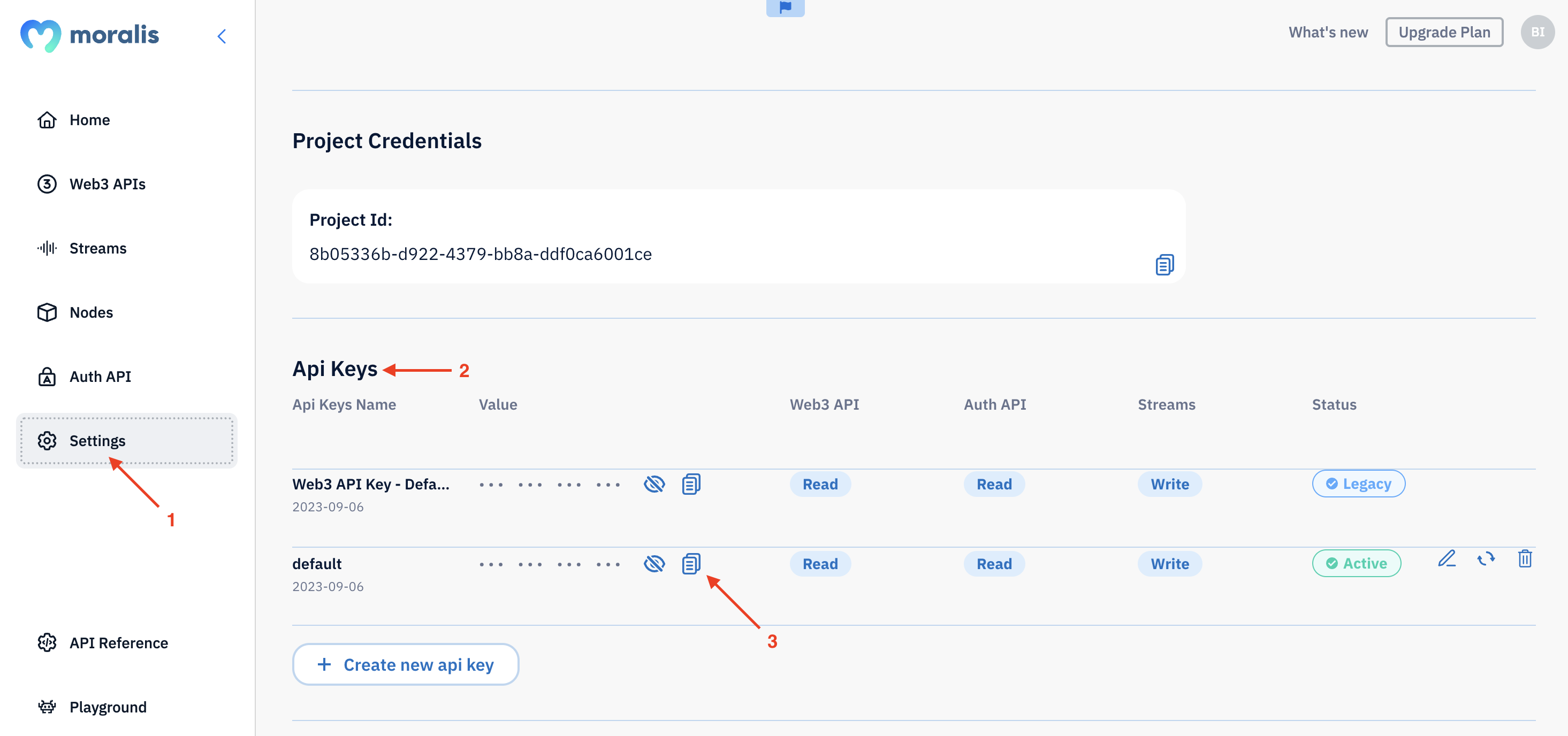 Showing the Moralis admin UI and how to copy the API key