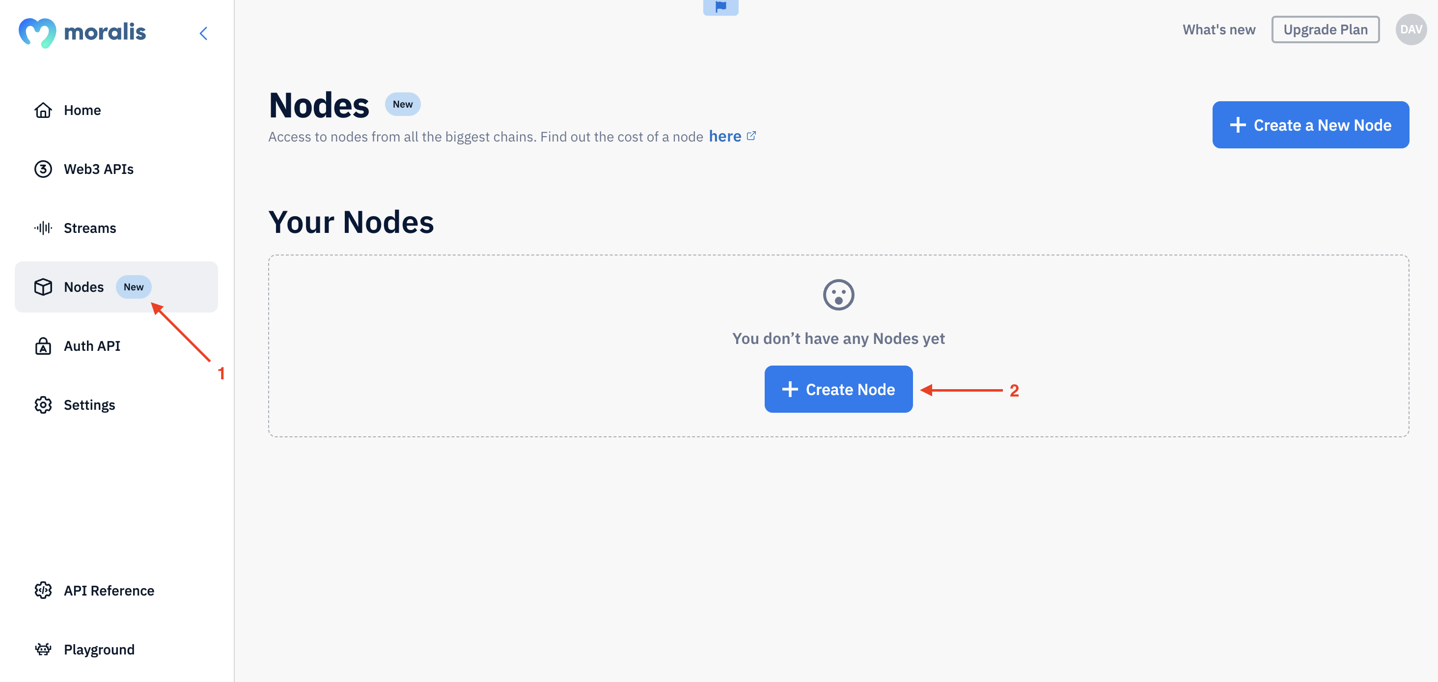 Showing the Moralis Admin panel and the Nodes section with the Create a Node button