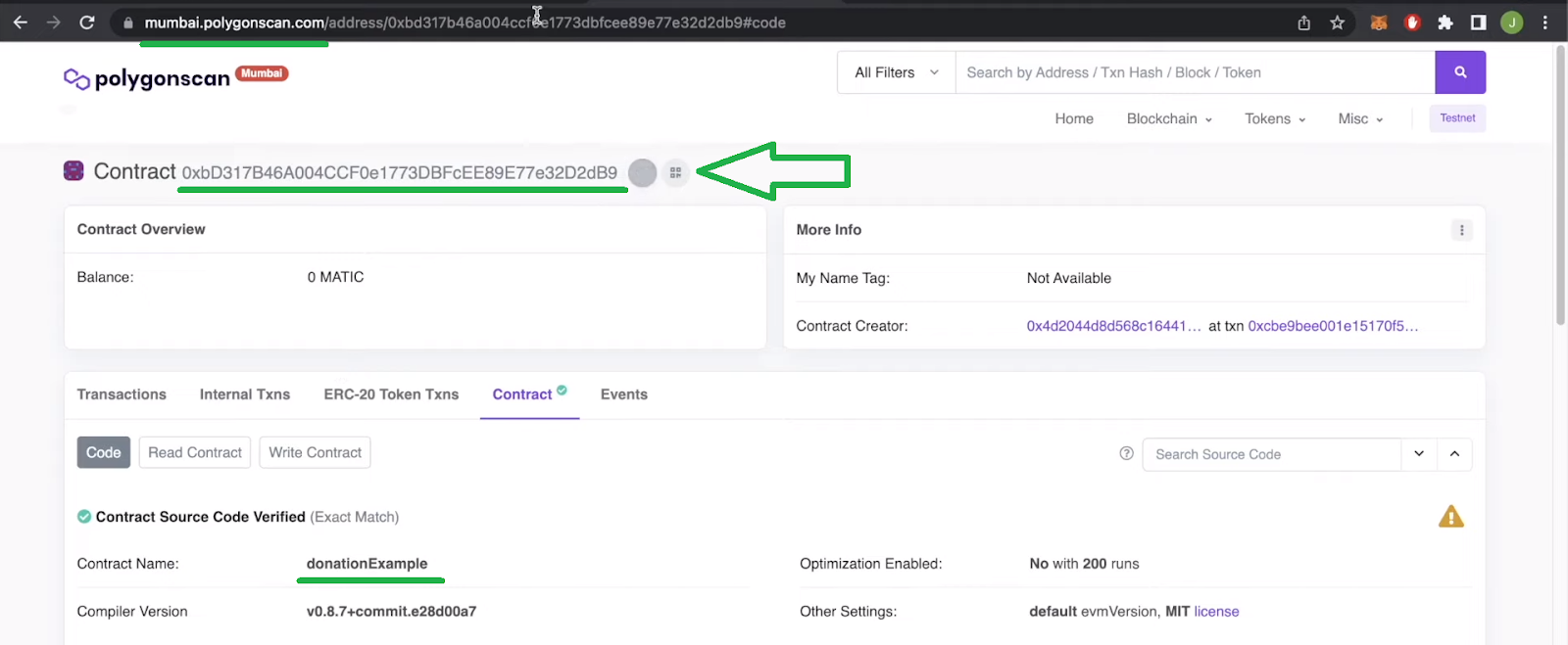 Contract address PolygonScan