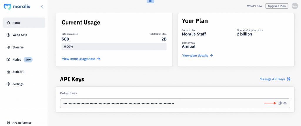 Arrow is pointing at the copying button for the API key Moralis admin panel.