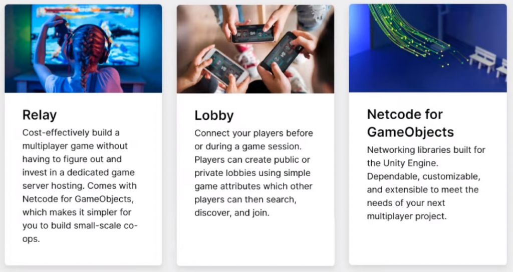 Unity features: Relay, Lobby, Netcode.