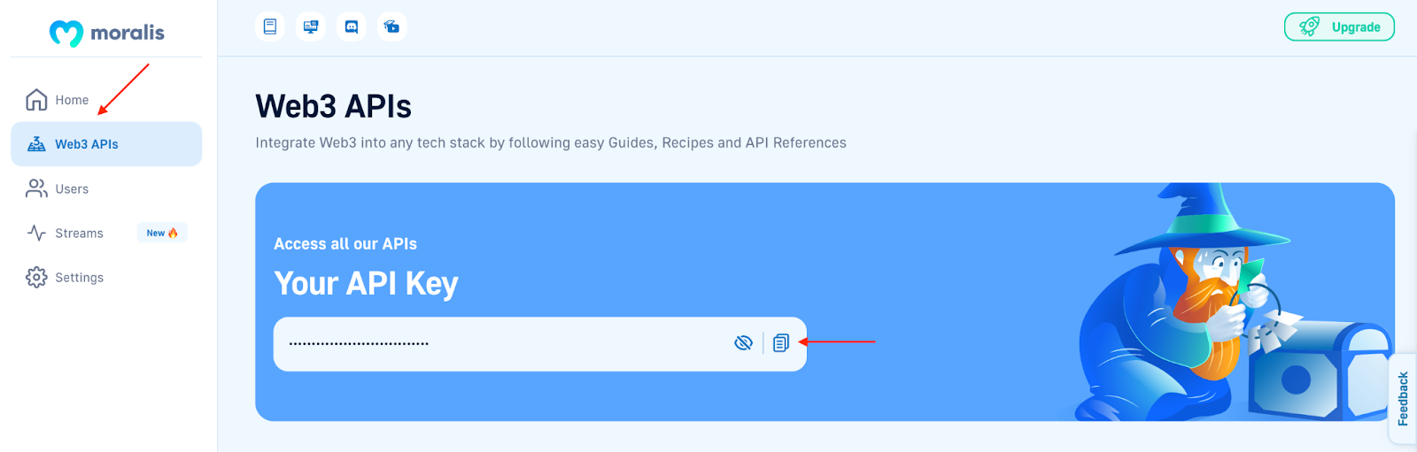 Arrows pointing at Moralis API key copy button.