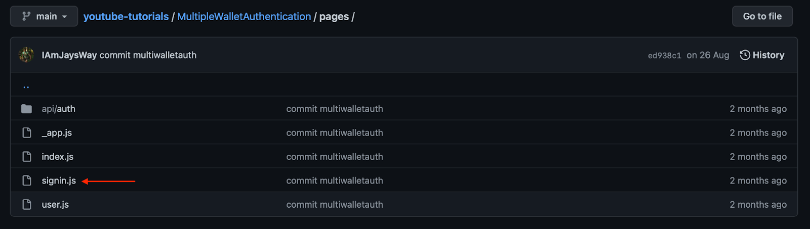 Arrow pointing to signin.js file in repo.