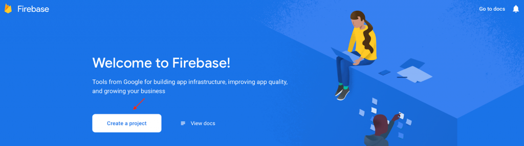 Arrow pointing at "Create a project" button on Firebase.