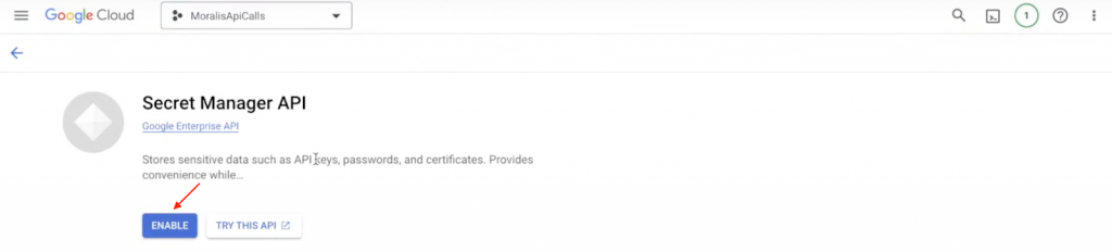 Arrow pointing at "ENABLE" button for secret manage API page.