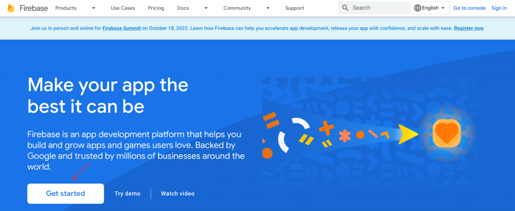 Arrow pointing at "Get started" button on Firebase.