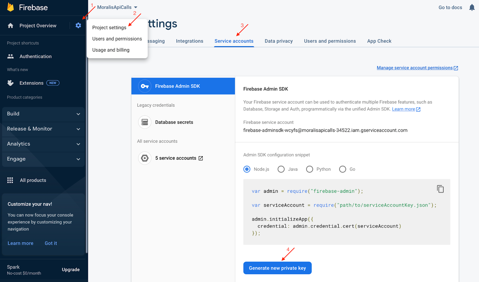 Instructions on how to get Firebase private key.