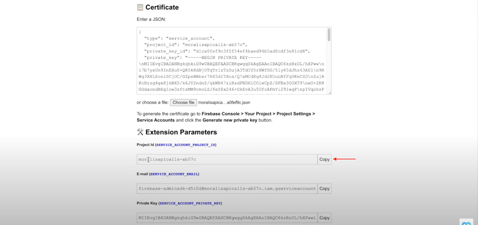 Arrow pointing at "Copy" button for Project Id.