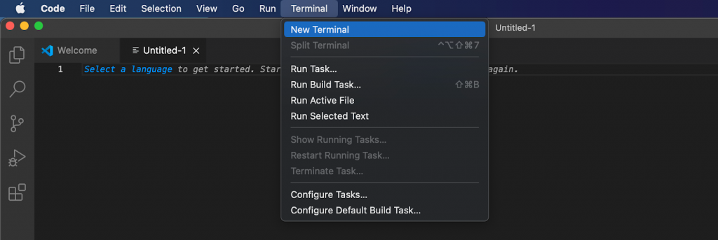 Instructions on how to open a new terminal VSC.