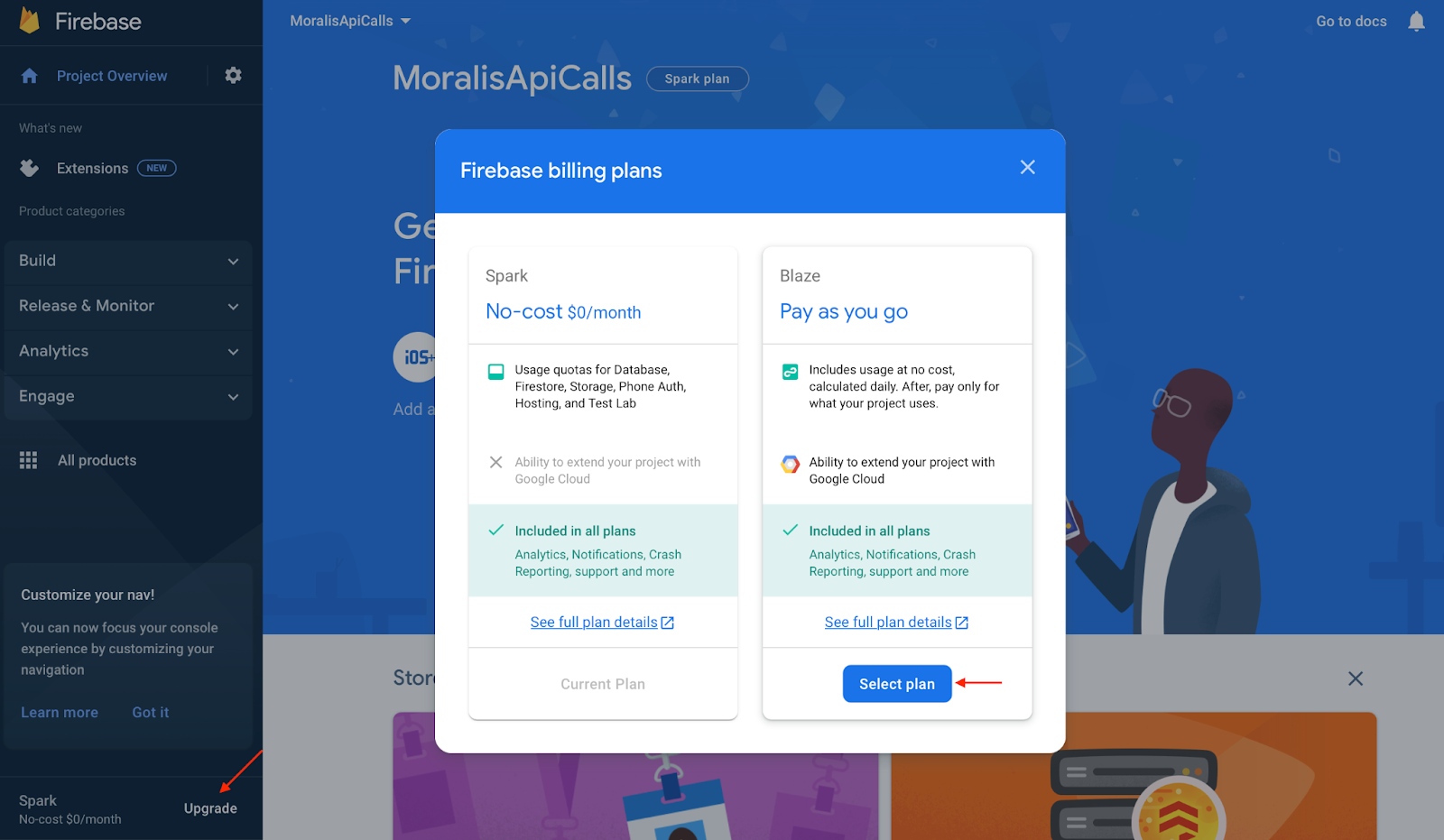 Page showing firebase billing plans. Arrow pointing at "Select plan". 