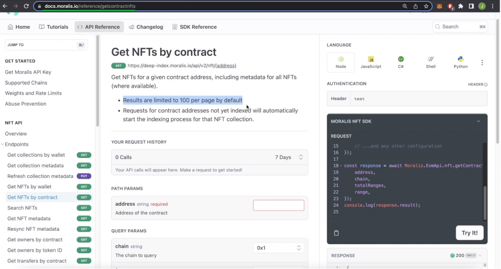 Moralis' getContractNFTs docs page.