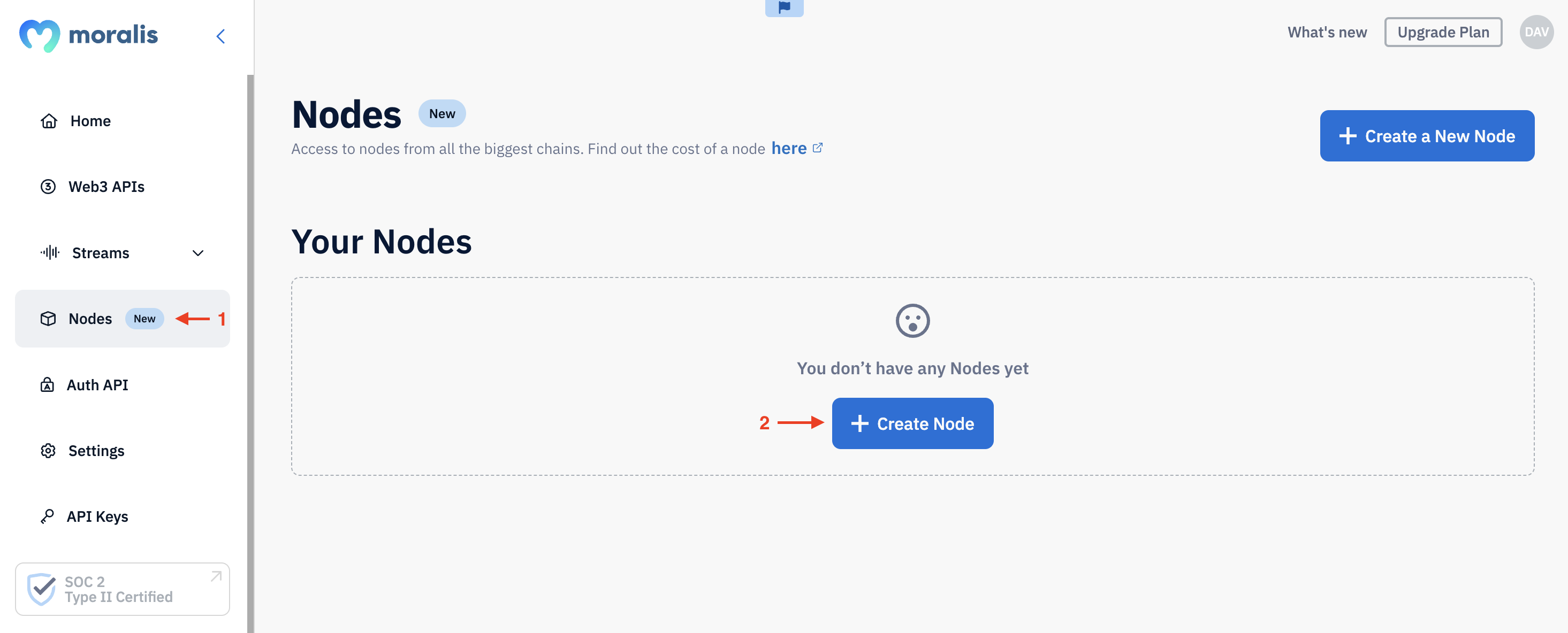 Arrow pointing at "Nodes" and "+ Create Node" on the Moralis admin panel.