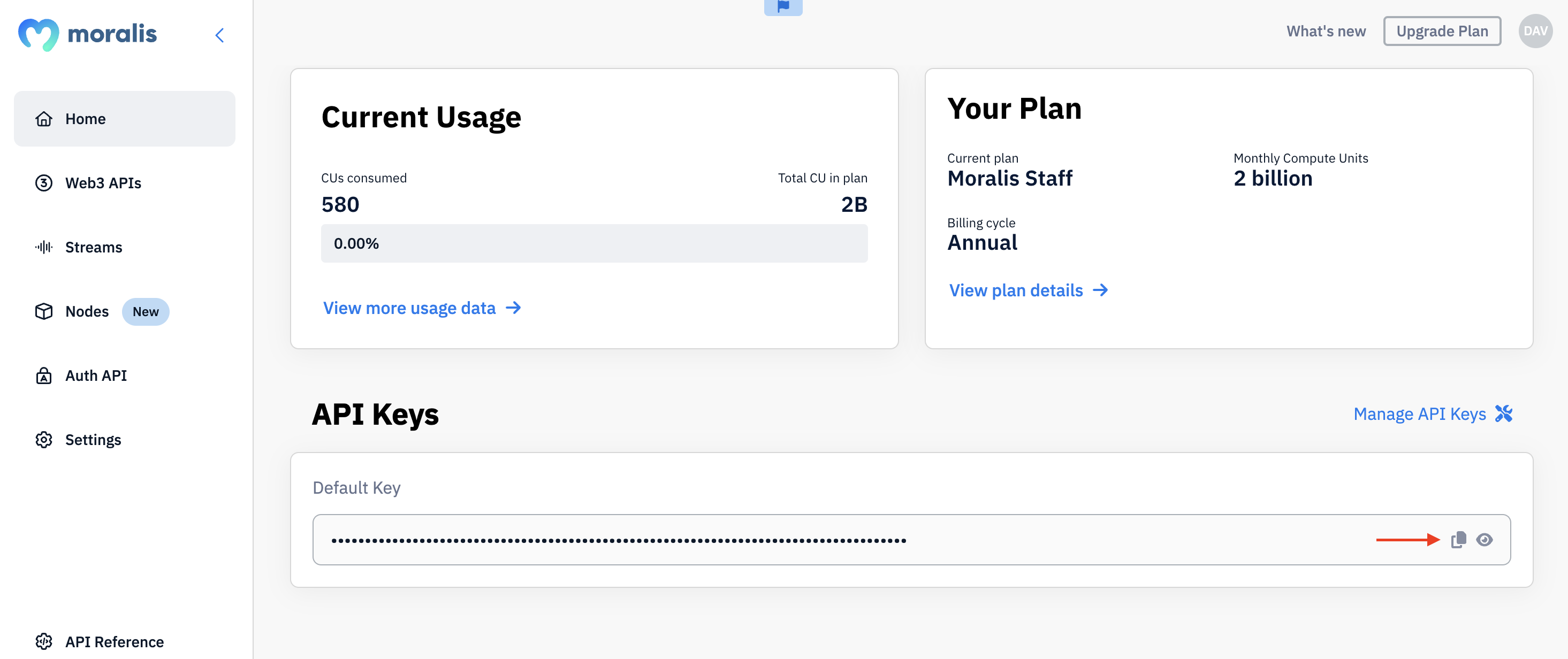 Copying the Moonbeam API key on Moralis admin panel