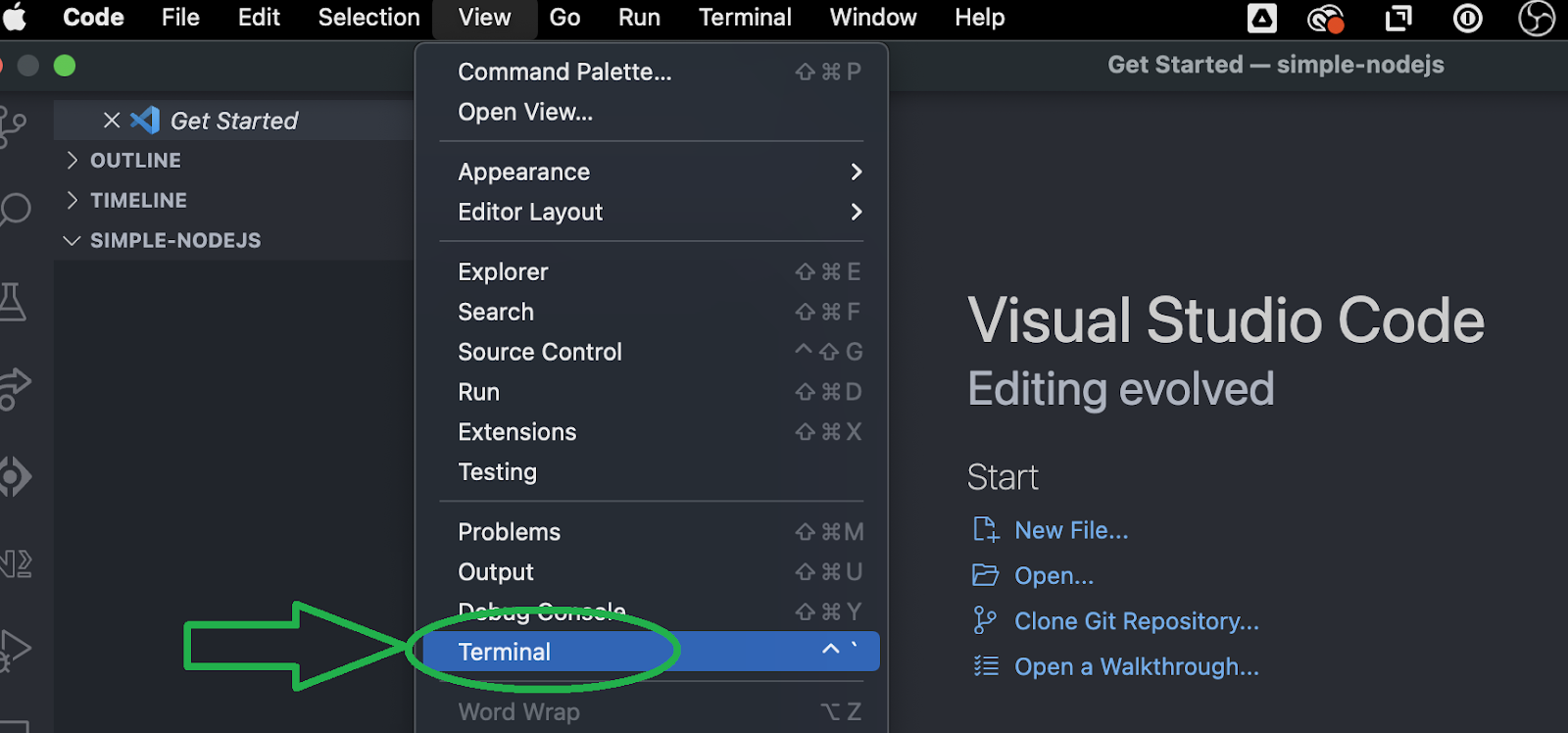 Arrow pointing at "Terminal" for NodeJS Web3 tutorial.