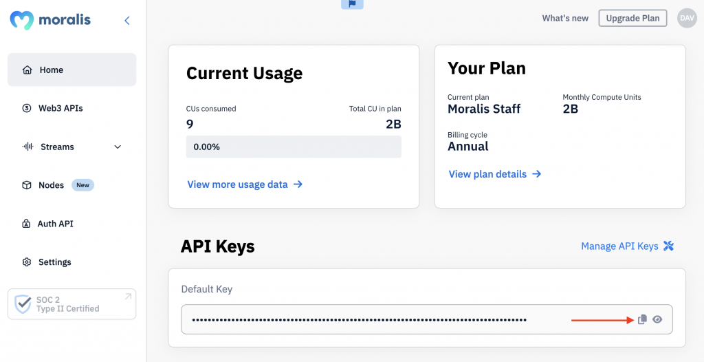 Arrow is pointing at the copy button for the Moralis API key in the admin panel.