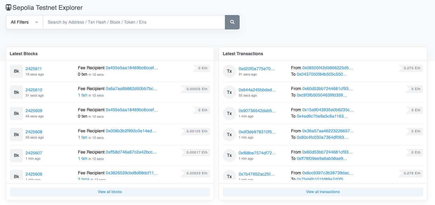 Sepolia testnet explorer transactions.