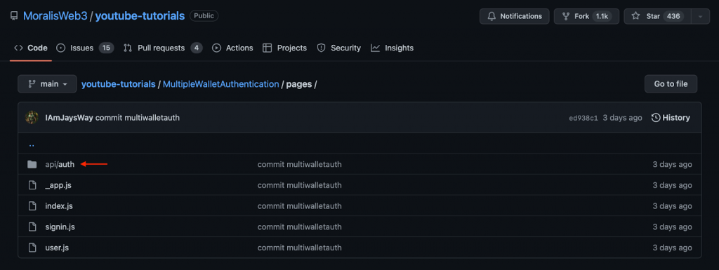 Arrow pointing to auth folder in directory.