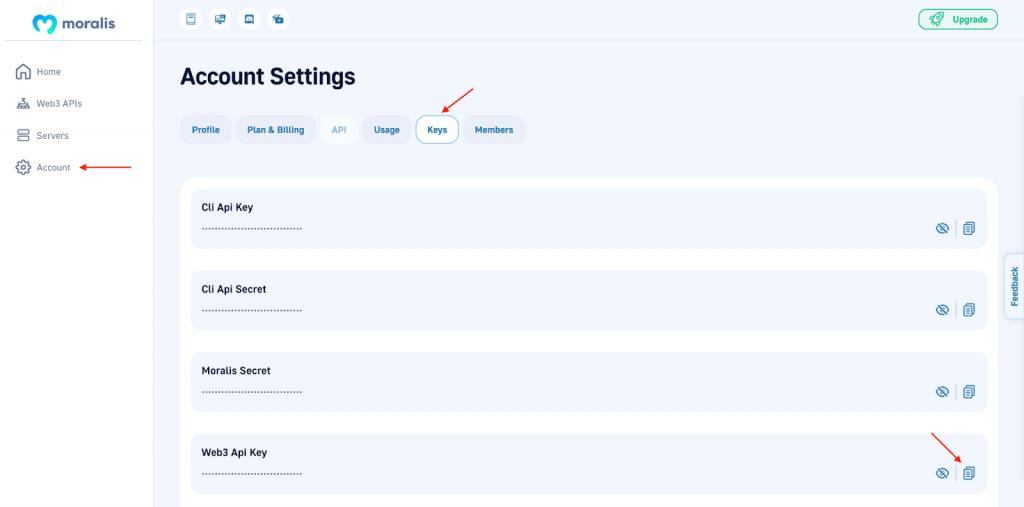 Instructions on how to get API key from Moralis admin panel.