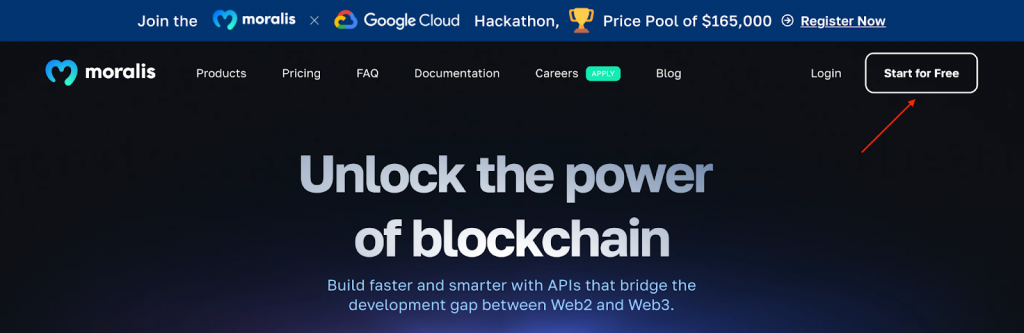 Arrow pointing at the "Start for Free" button on Moralis.io.