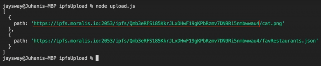 Terminal response with tow IPFS paths. The first path is highlighted.