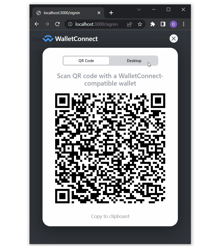 WalletConnect modal QR code.