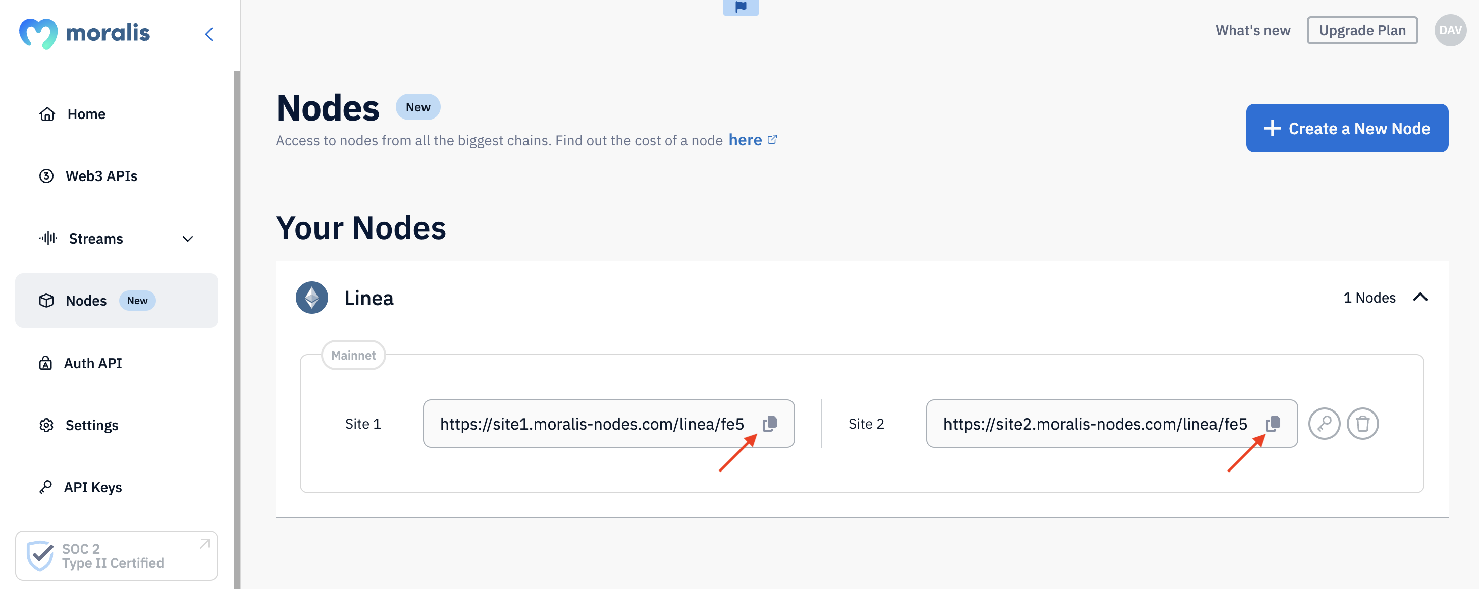 Arrows pointing at URLs for Linea nodes.