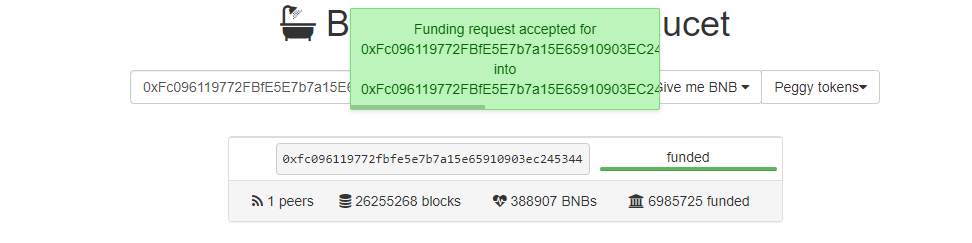 BNB faucet success message.