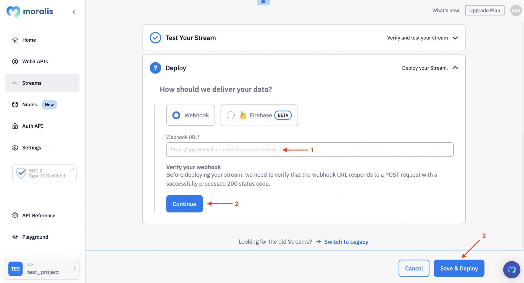 Arrows pointing at "Webhook URL" field, "Continue" button, and "Save & Deploy" button.