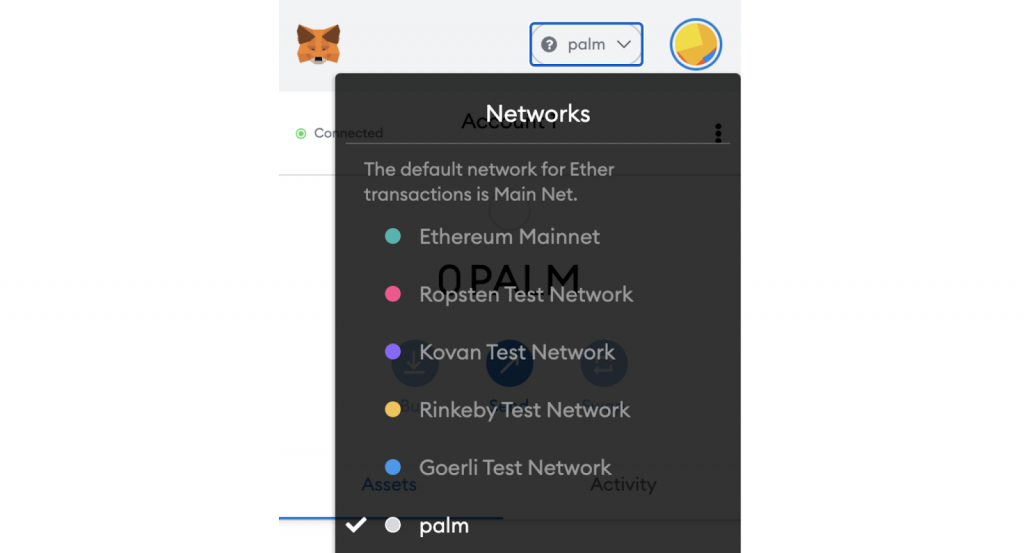 Palm blockchain added to MetaMask.