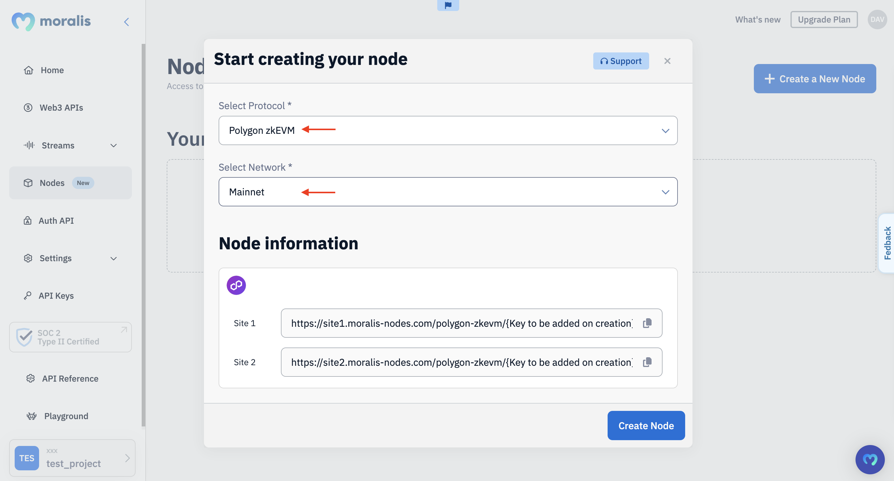 Red arrows pointing at "Polygon zkEVM" and "Mainnet" during node configurations.