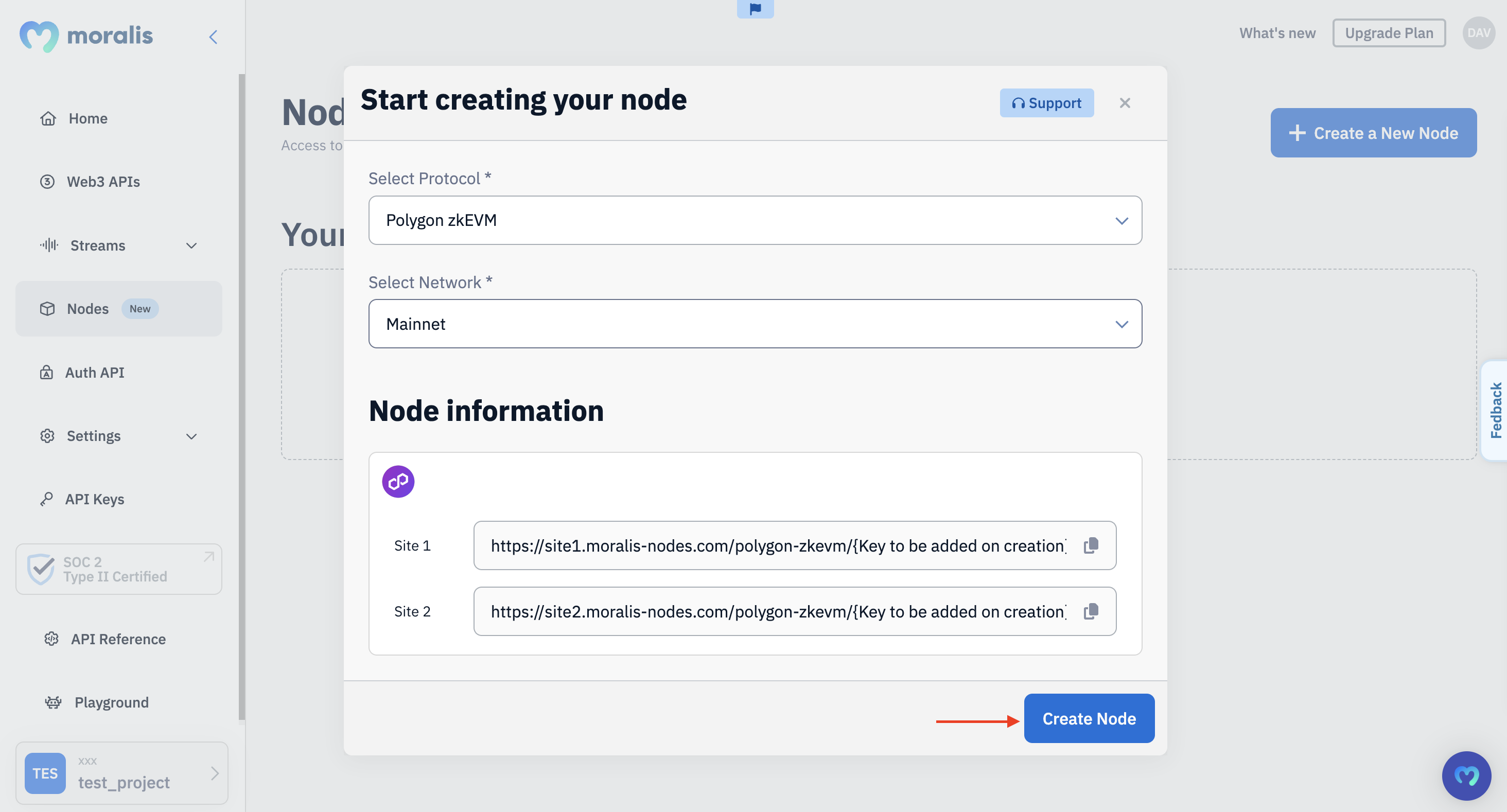 Red arrow pointing at the "Create Node" button during Polygon zkEVM node configuration.