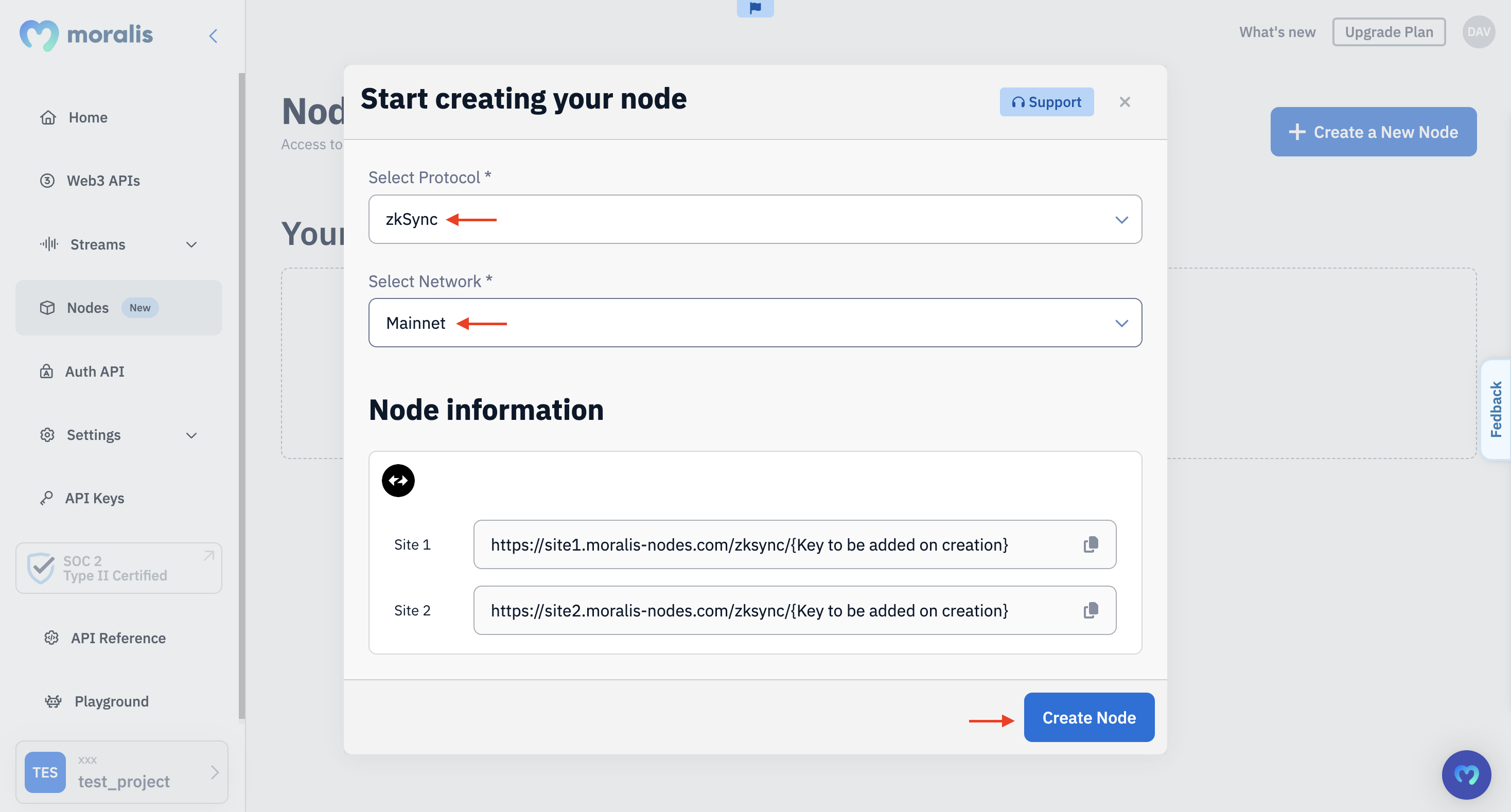 Red arrows pointing at "zkSync", "Mainnet", and "Create Node" button when configuring zkSync Era RPC nodes.