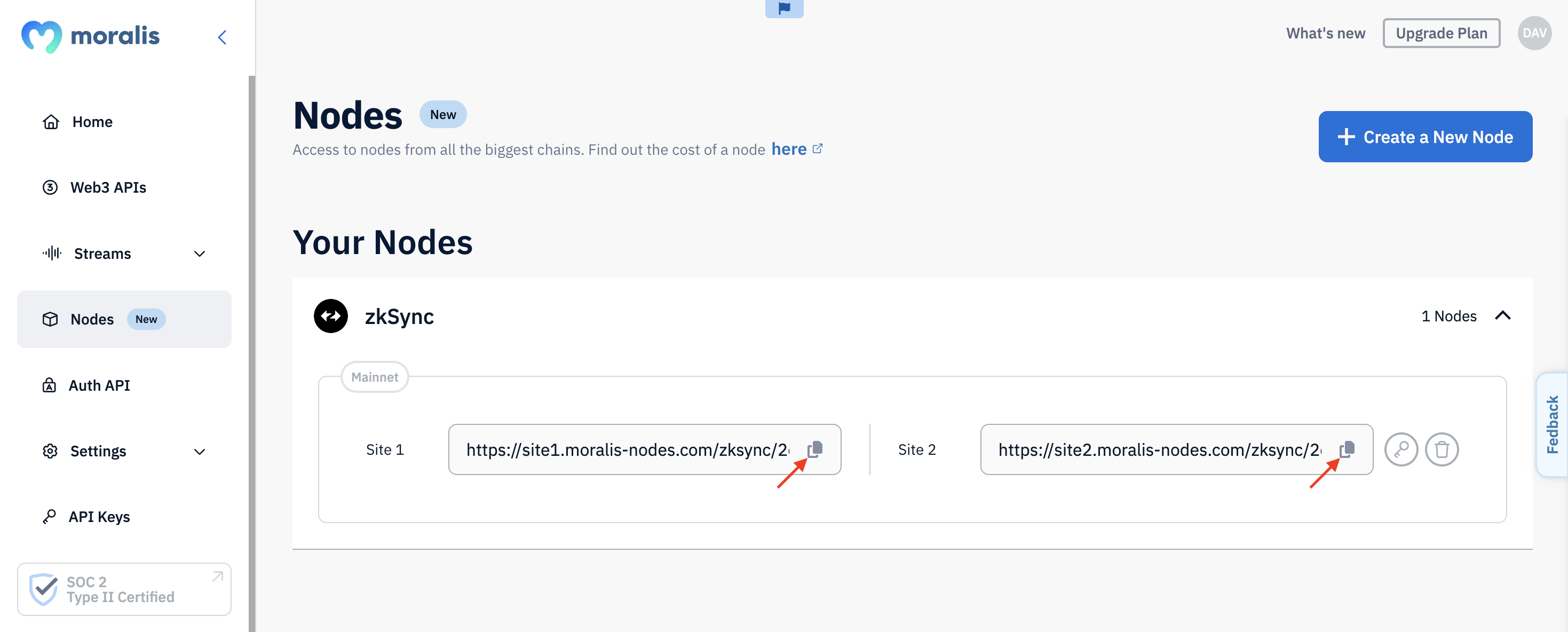 Red arrows pointing at the copy button for zkSync Era RPC nodes.