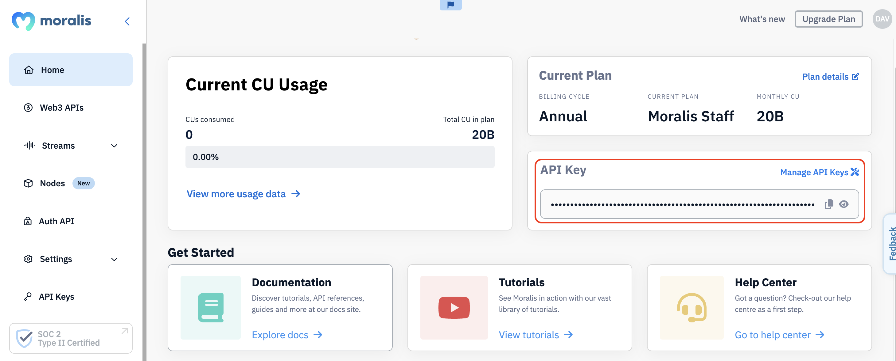 Red box highlighting the API key on Moralis' admin panel. 